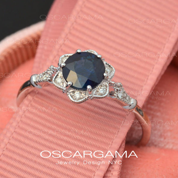 Round Daisy Star Blue Sapphire Engagement Ring Vintage Inspired White