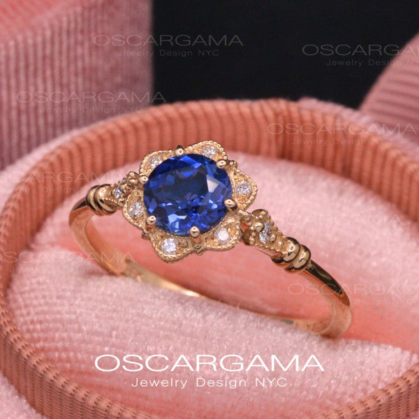 Round Daisy Star Blue Sapphire Engagement Ring Vintage Inspired