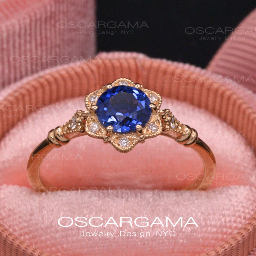 Round Daisy Star Blue Sapphire Engagement Ring Vintage Inspired