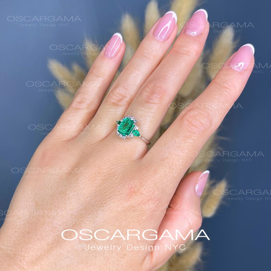 Natural Colombian Emerald Three Stone Engagement Ring | 18k White gold