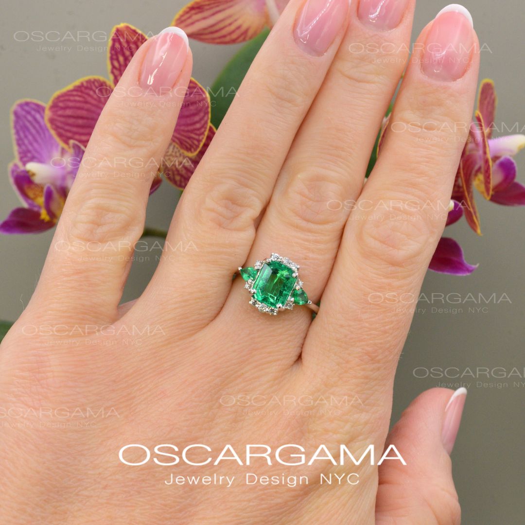 Natural Colombian Emerald Three Stone Engagement Ring | 18k White gold