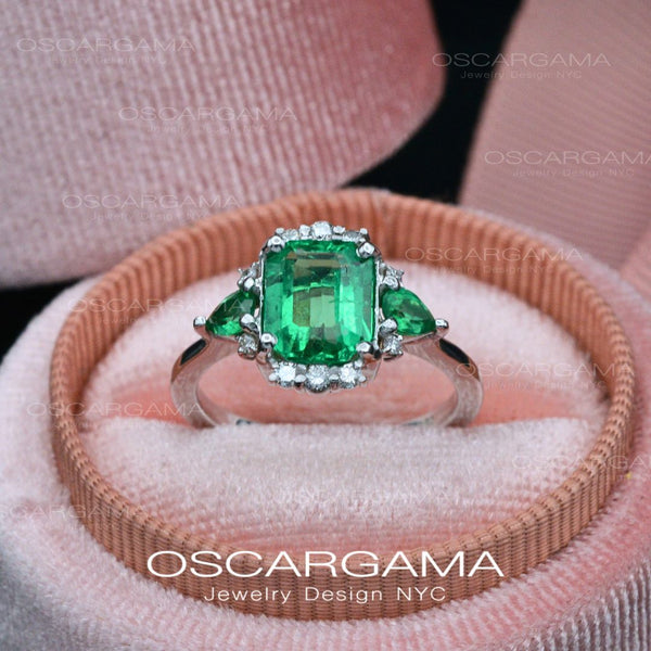 Natural Colombian Emerald Three Stone Engagement Ring | 18k White gold