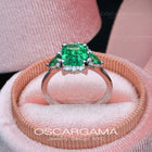 Natural Colombian Emerald Three Stone Engagement Ring | 18k White gold