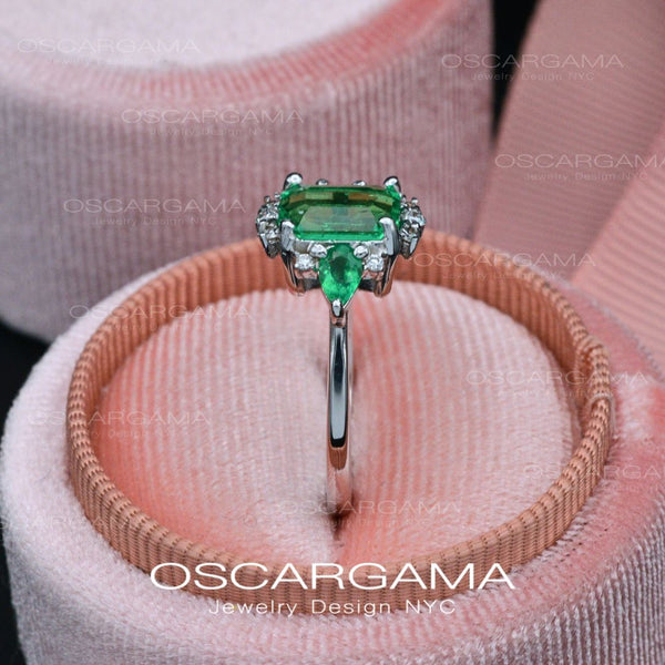 Natural Colombian Emerald Three Stone Engagement Ring | 18k White gold