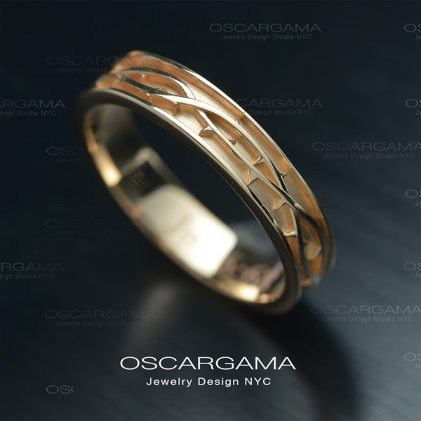Men wedding band crown of thorns in gold yellow