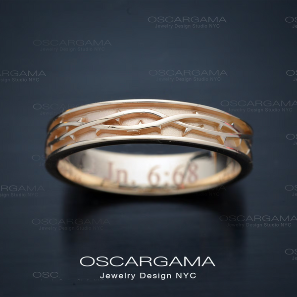 Men wedding band crown of thorns in gold pink