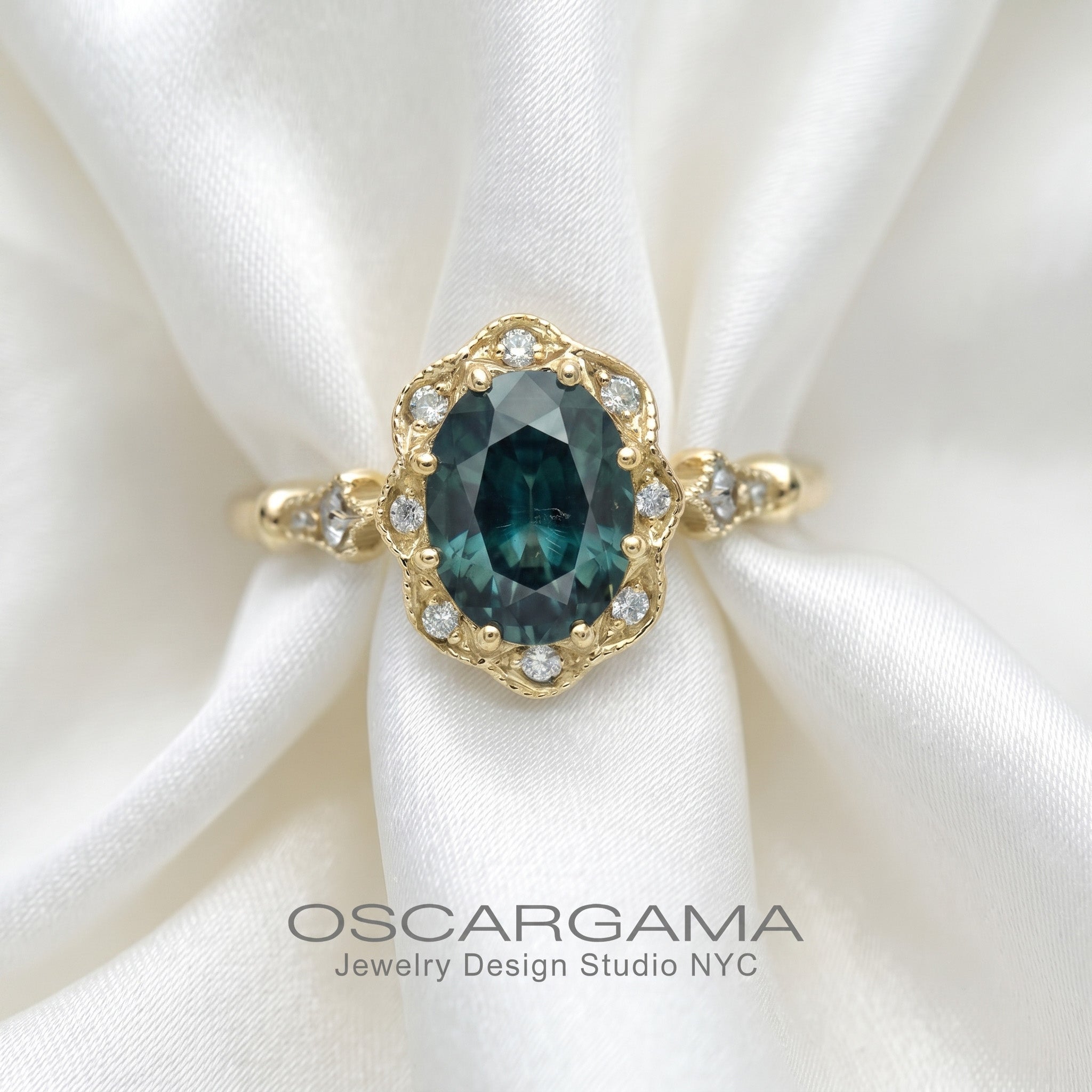Haydee natural Teal greenish blue Montana Sapphire Oval Halo Engagement Ring Vintage Style (Copy)