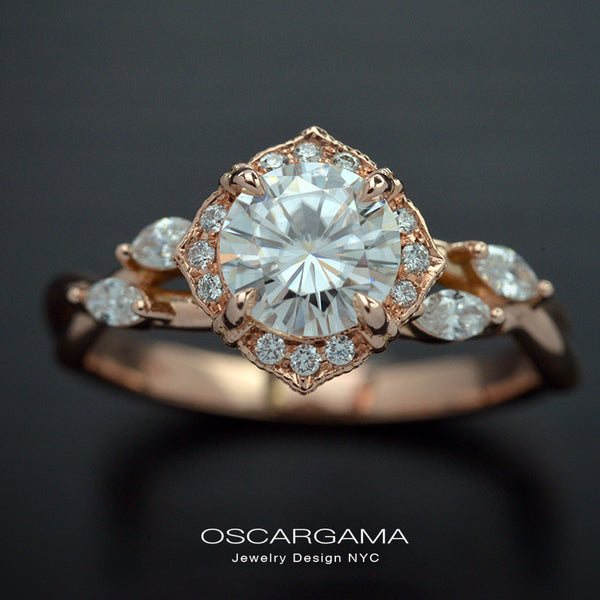 Rose gold engagement ring vintage inspired halo with a twist band