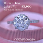 round solitaire engagement ring under halo in white gold with 2 carat lab grown diamond