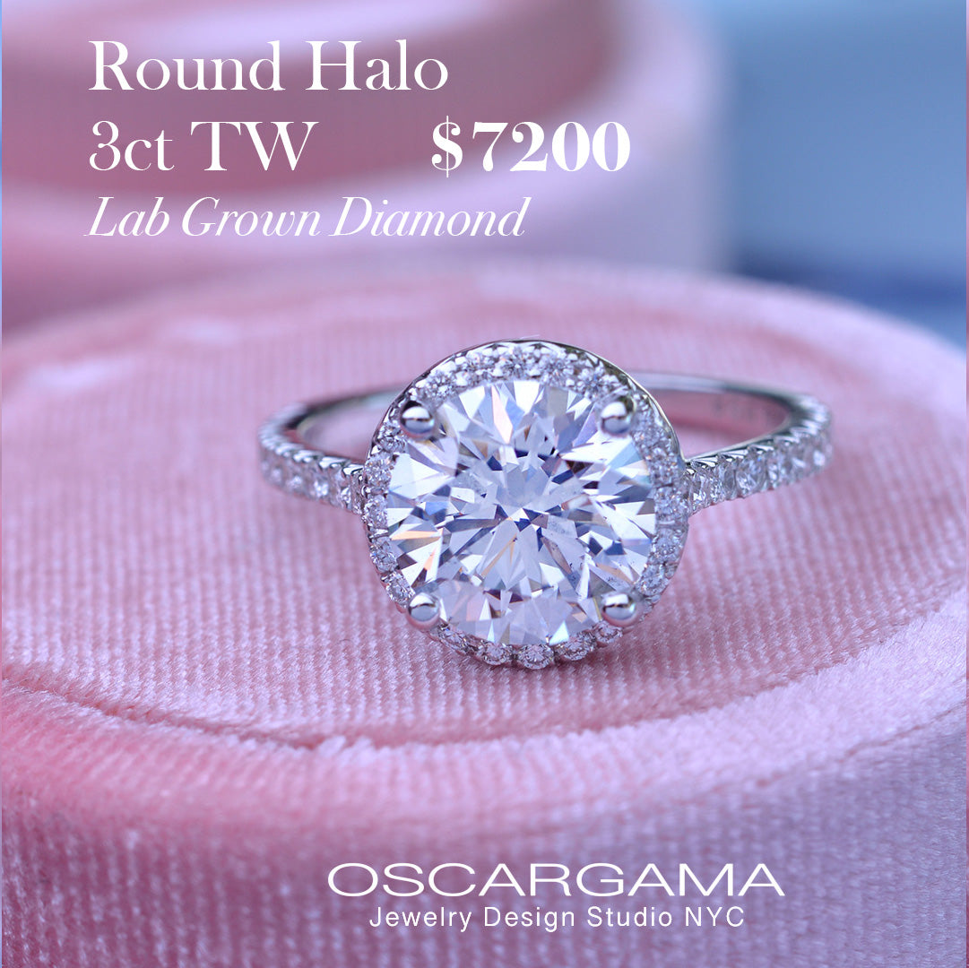 3 carat oval Halo engagement ring french cut pave in white gold with a lab grown diamond