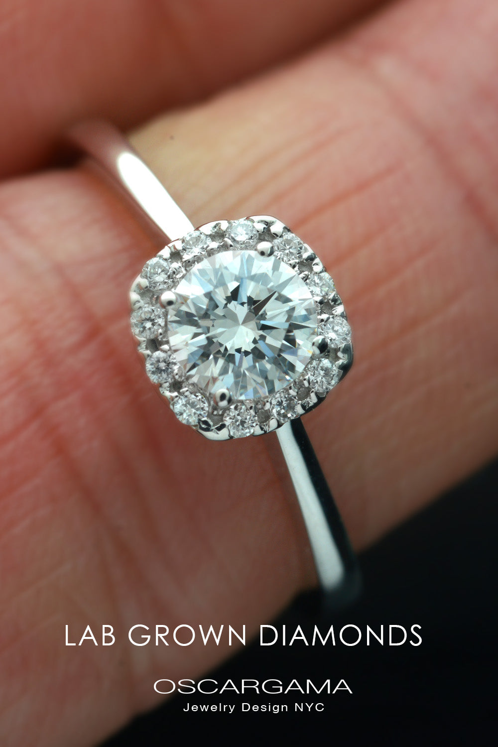 engagement ring with a cushion halo in white gold  in a finger