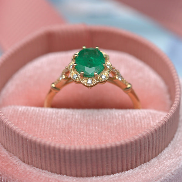 Custom Antique Emerald Ring with Floral Diamond Halo