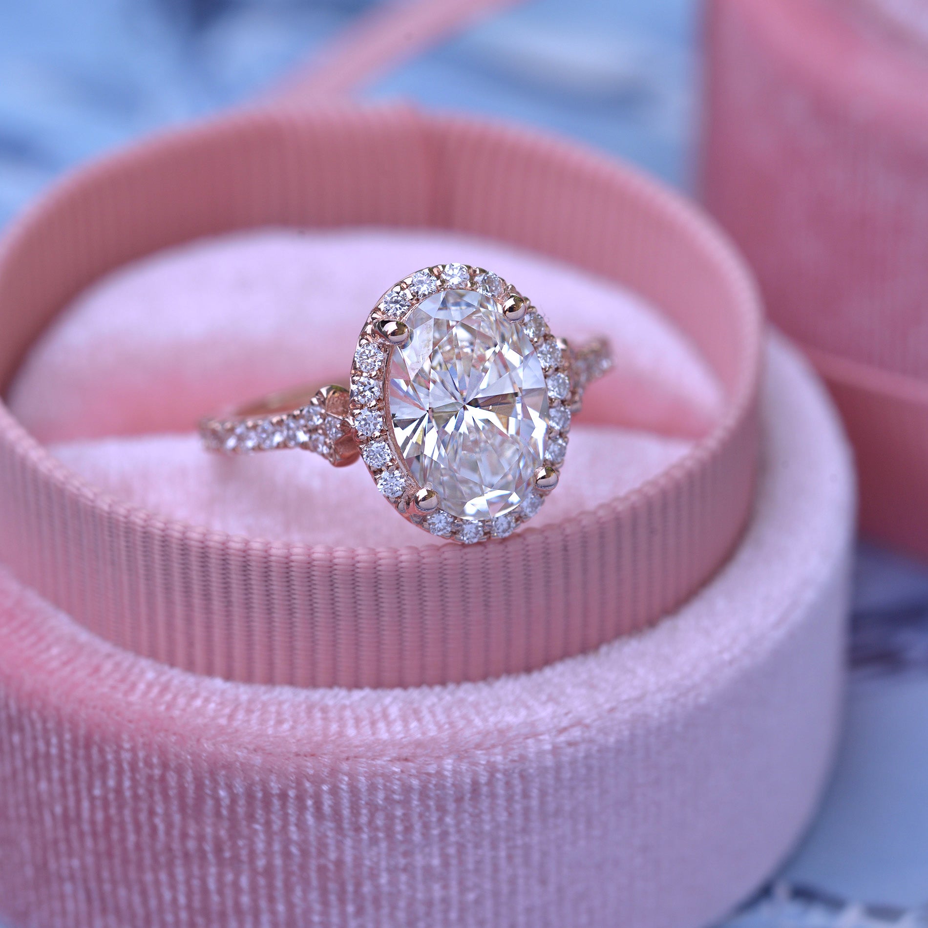 Oval halo 2.5 carat engagement ring with french cut pave in rose gold Vintage inspired