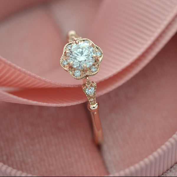 rose gold engagement ring profile round flower halo