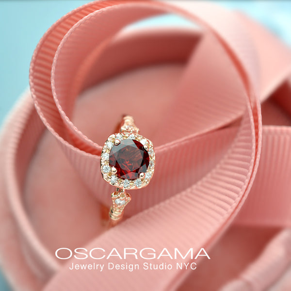 rose gold cushion halo engagement ring red garnet red center