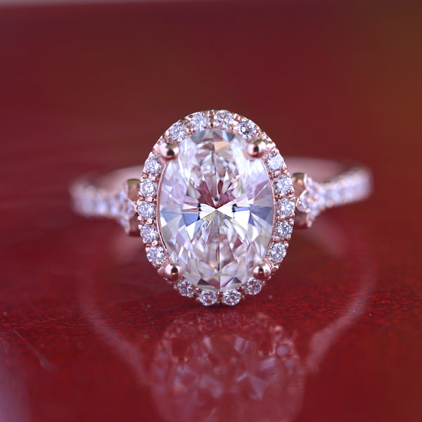 Oval halo 2.5 carat engagement ring with french cut pave in rose gold Vintage inspired