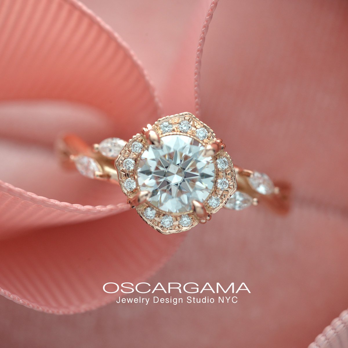 Rose gold engagement ring vintage inspired halo with a vine twist band