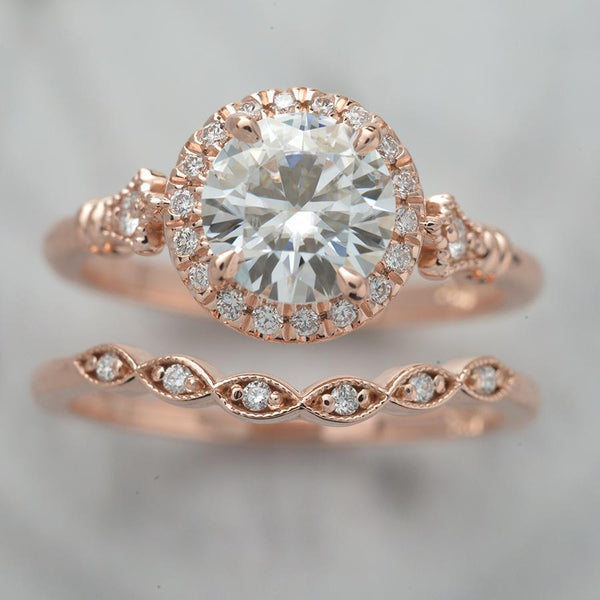 rose gold round halo engagement ring with band