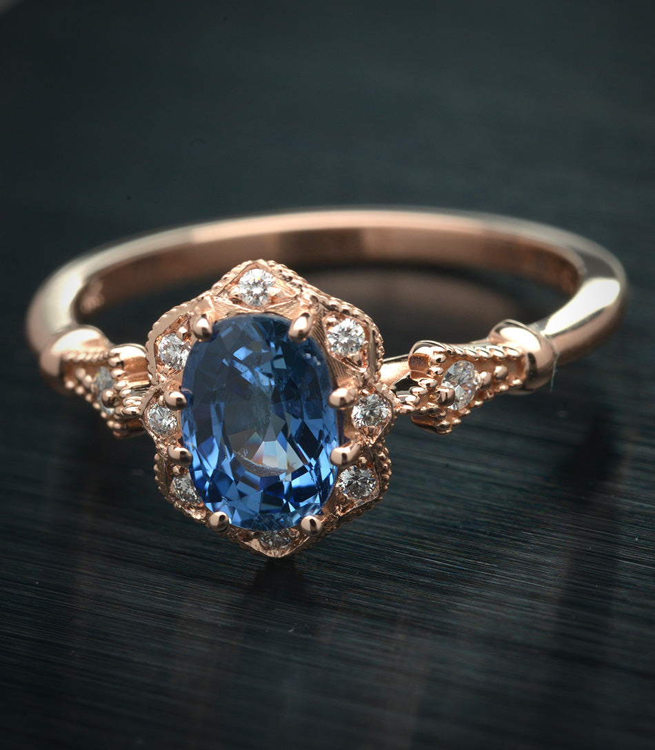 Rose Gold Engagement Ring with cornflower blue sapphire