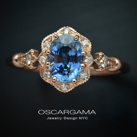 Rose Gold Engagement Ring with cornflower blue sapphire
