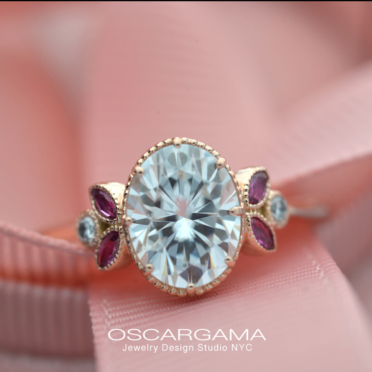 Oval engagement ring with marquise rubies in rose gold vintage inspired