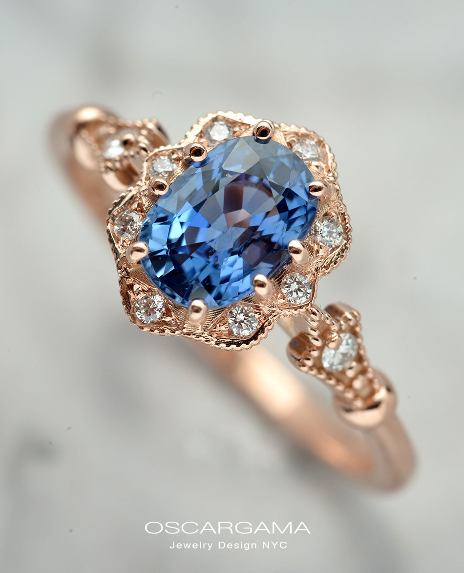 Rose Gold Engagement Ring with cornflower blue sapphire