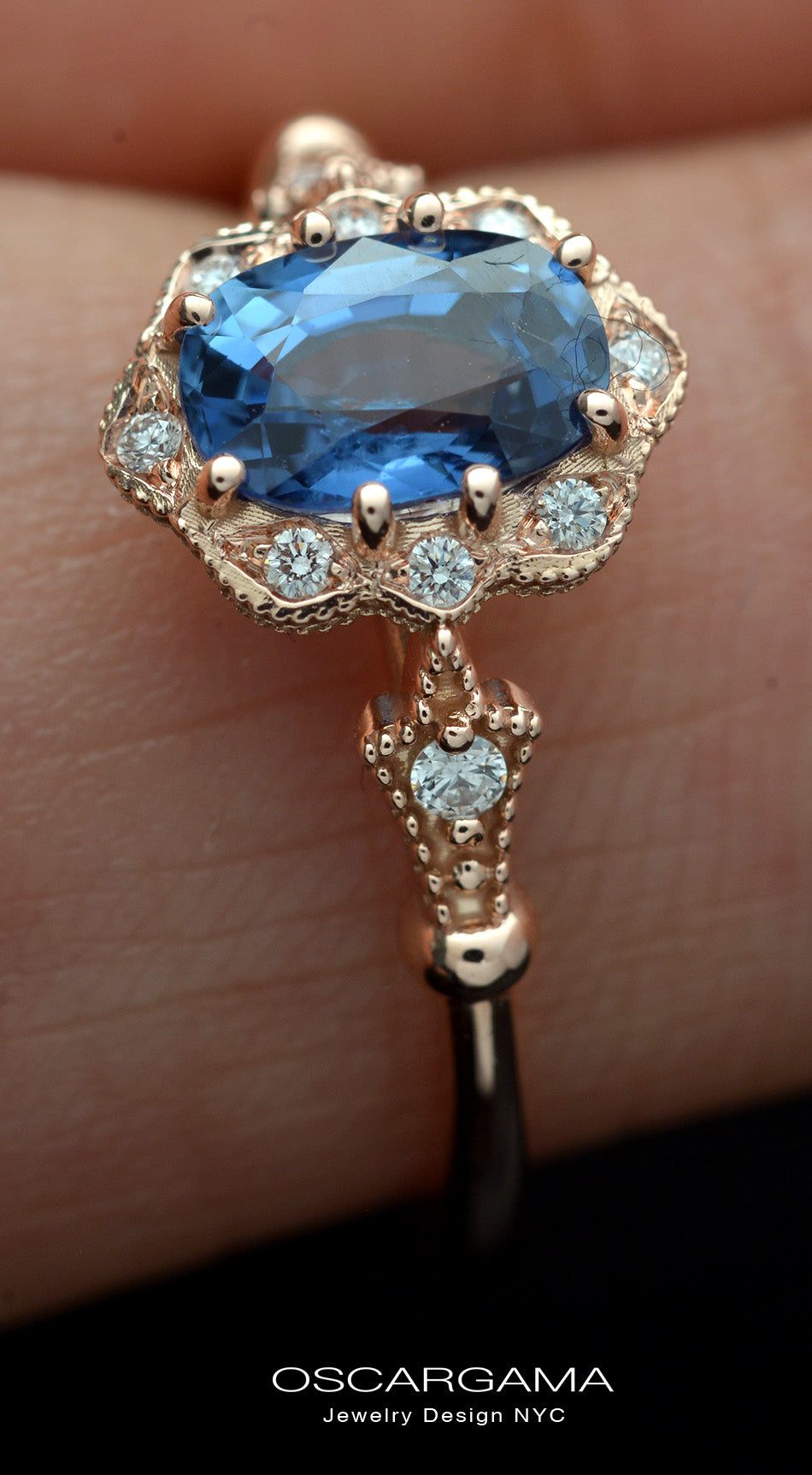 Rose Gold Engagement Ring with cornflower blue sapphire