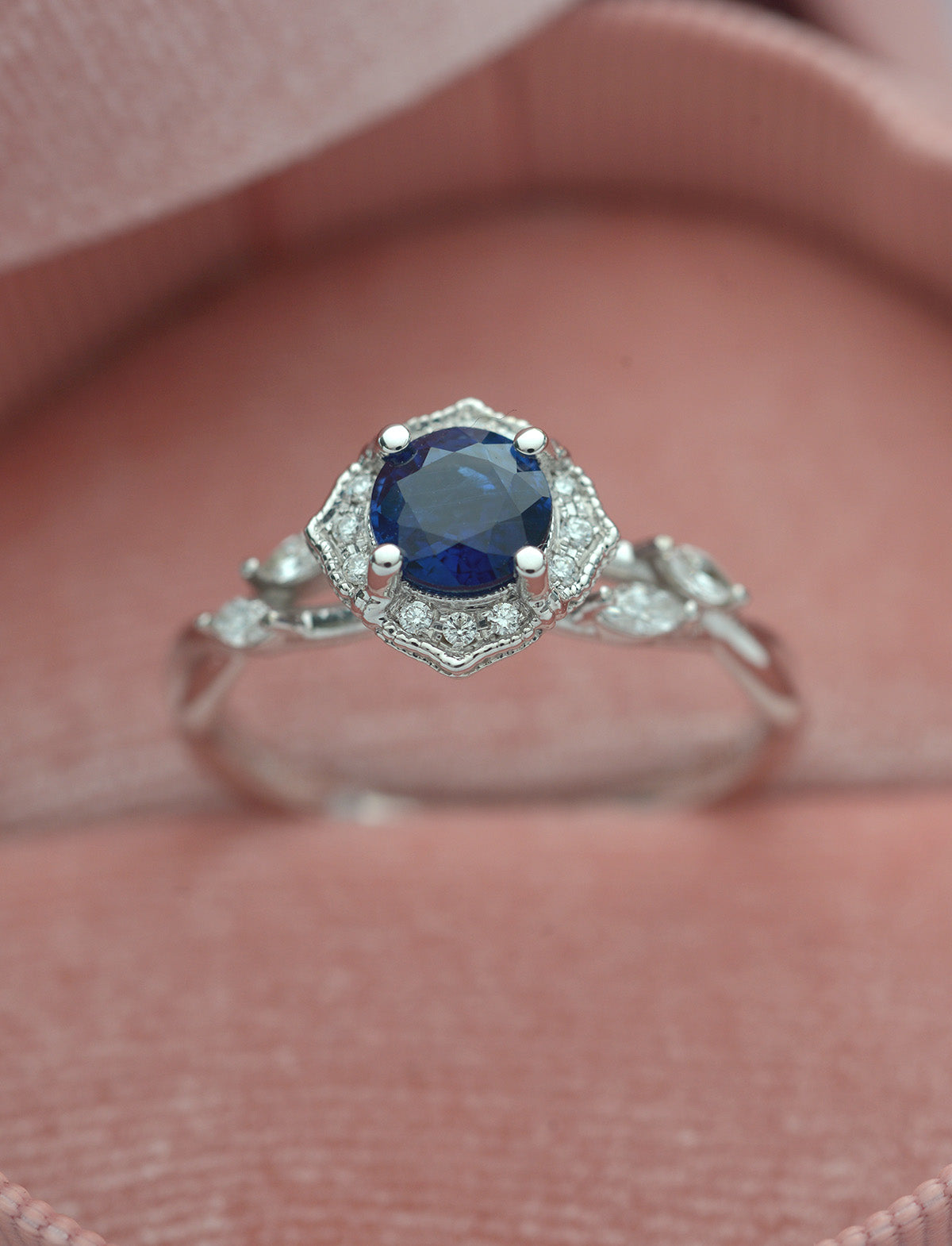 blue sapphire halo engagement ring vine twisted band