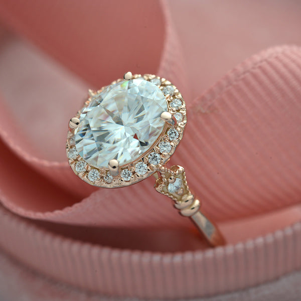 oval halo engagement ring vintage style in pink rose gold