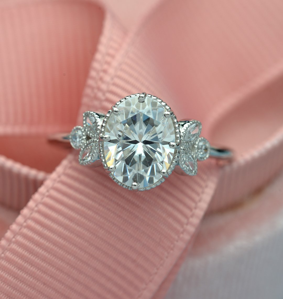 Oval Engagement Ring Vintage Inspired with marquises in White Gold