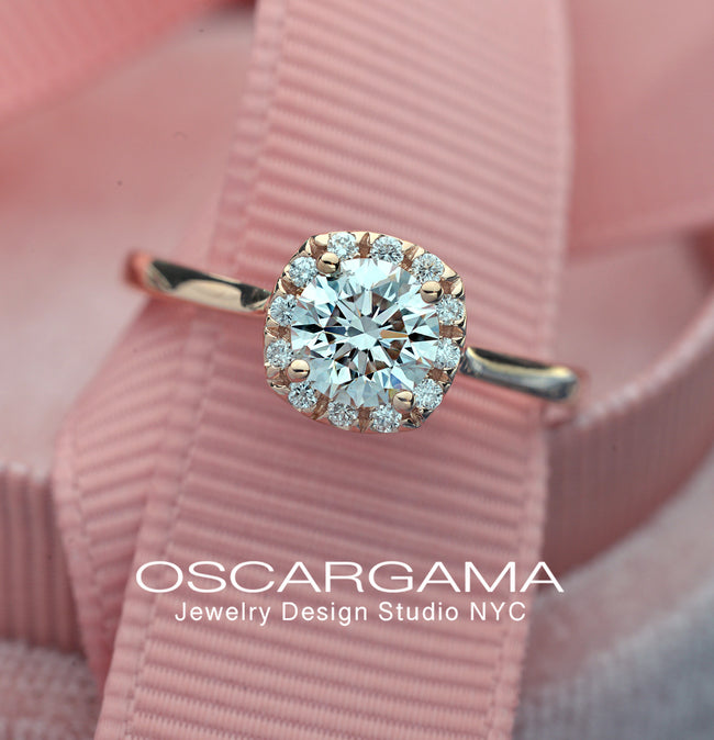 engagement ring with a cushion halo in rose gold