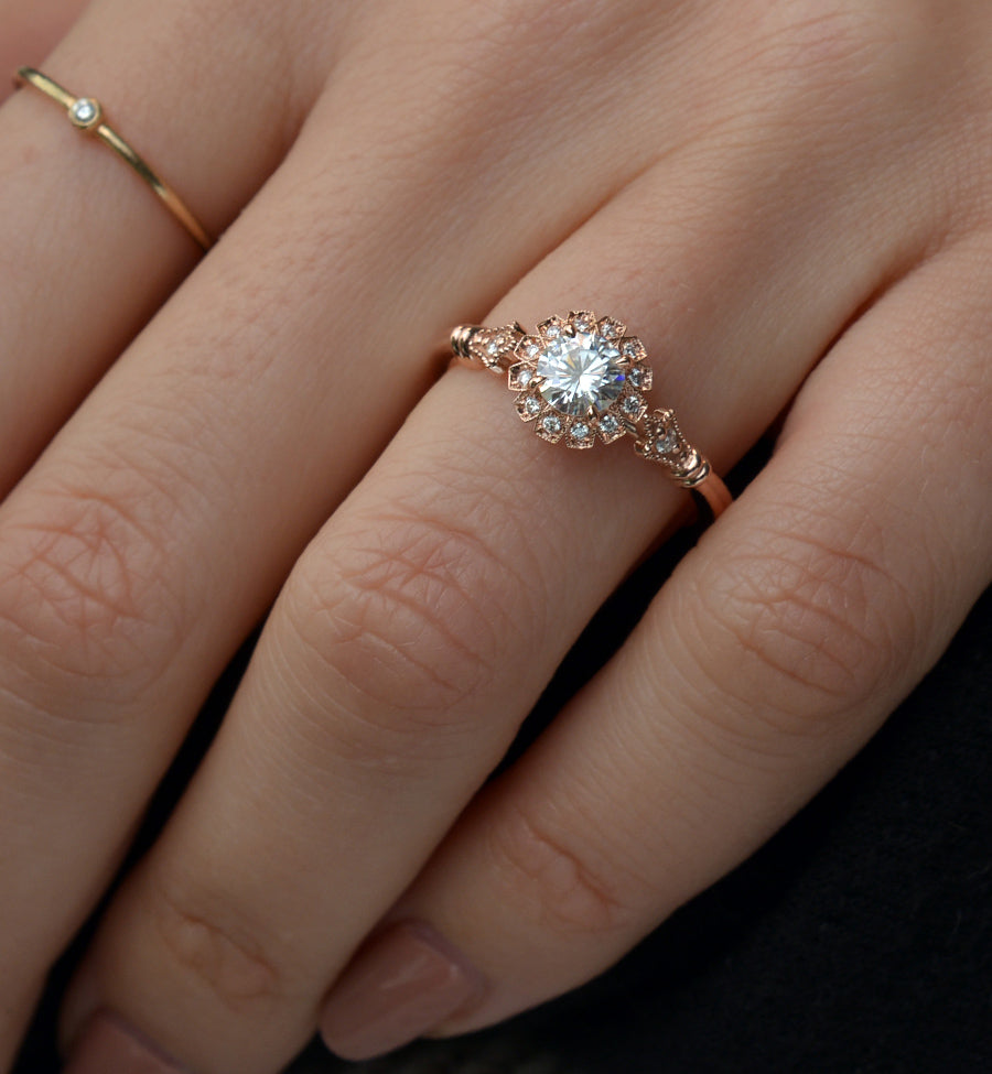 round halo vintage inspired engagement ring in rose gold