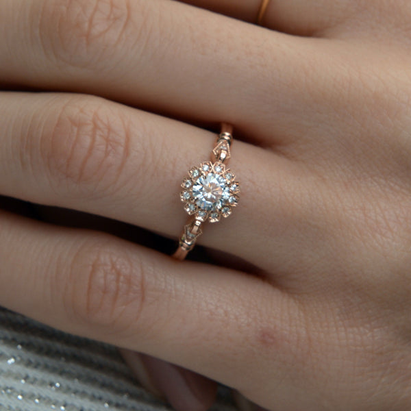 round halo vintage inspired engagement ring in rose gold ina finger
