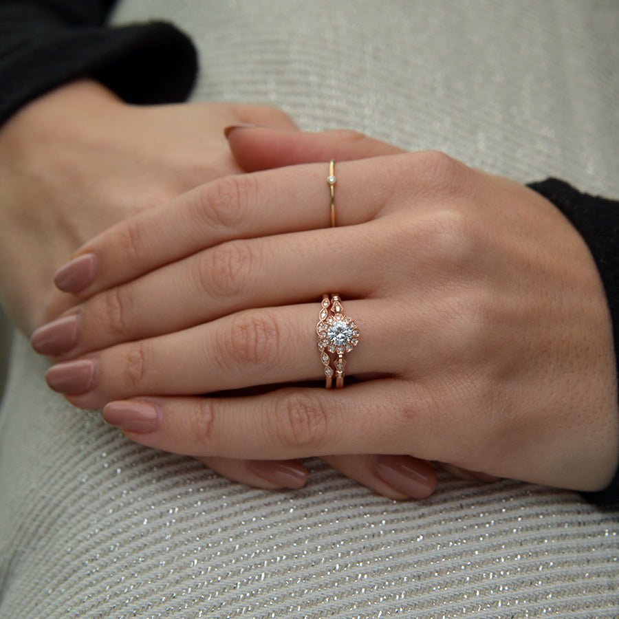 round halo vintage inspired engagement ring in rose gold