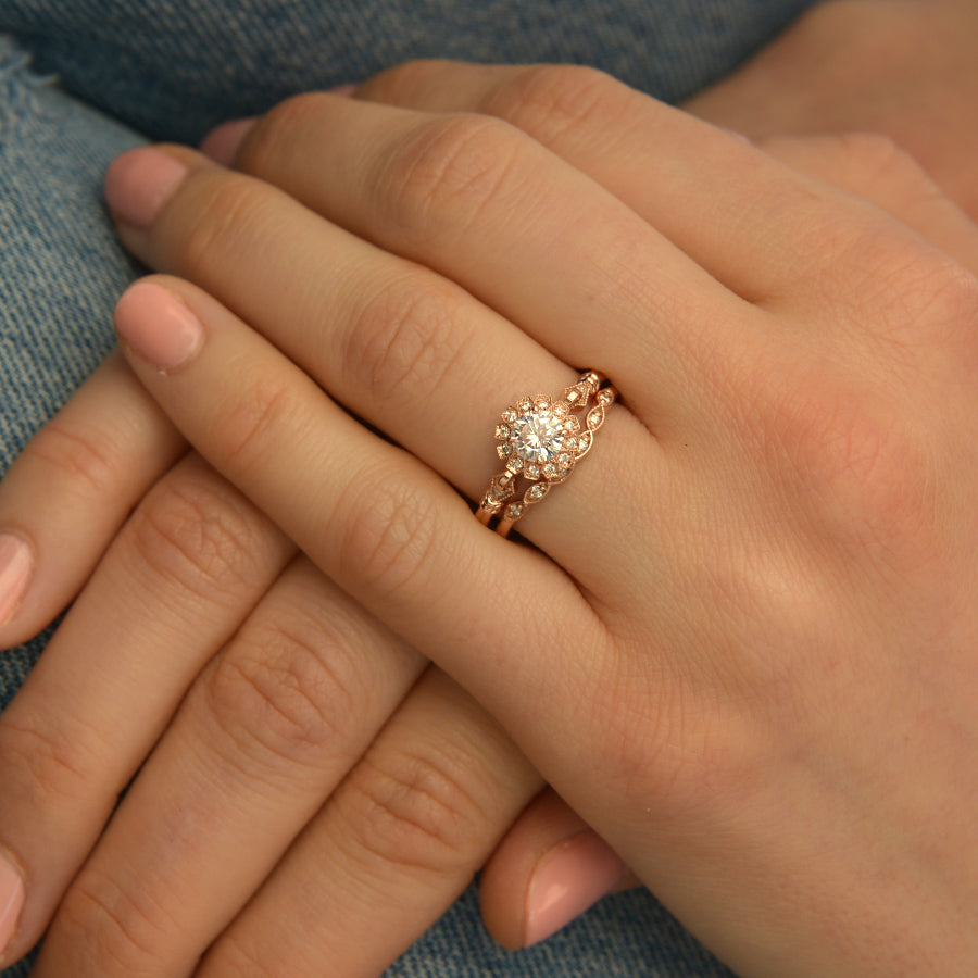 round halo vintage inspired engagement ring in rose gold