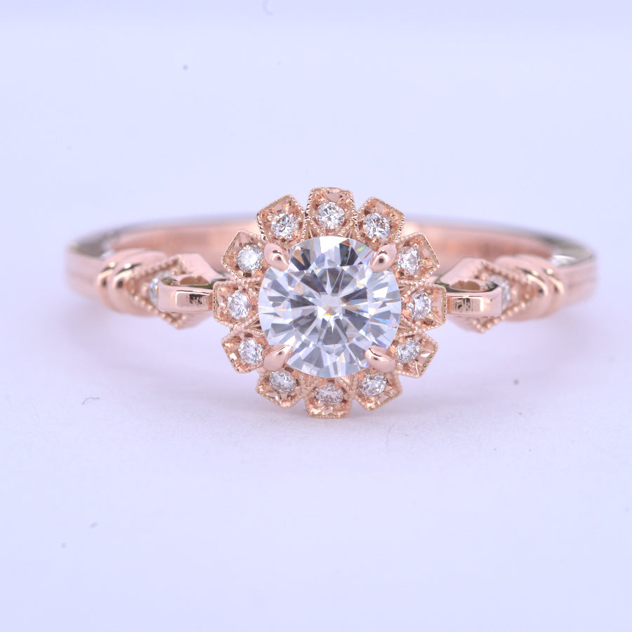 round halo vintage inspired engagement ring in rose gold