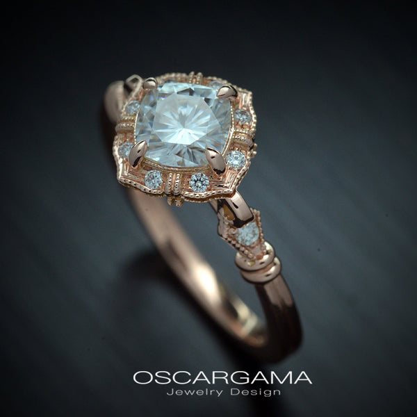 vintage cushion halo engagement ring in rose gold