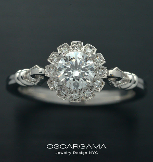 round halo vintage inspired engagement ring in white gold