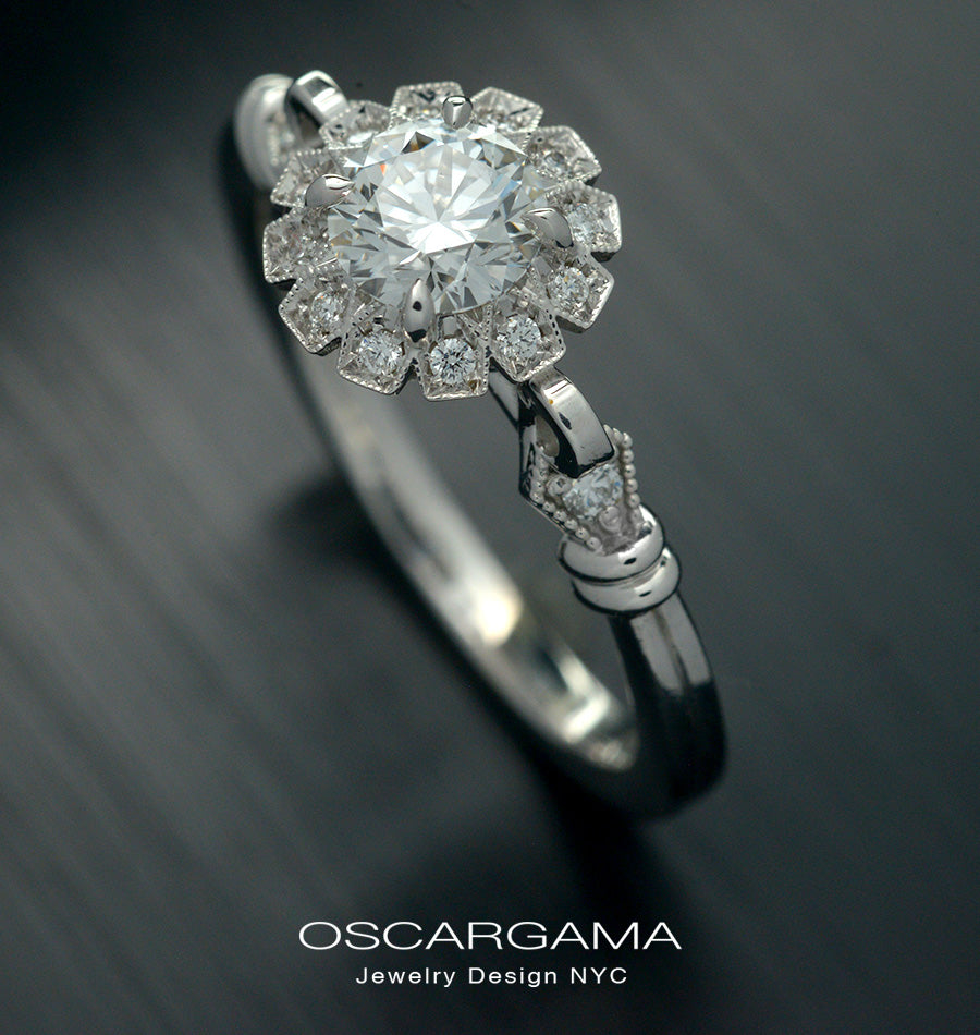 round halo vintage inspired engagement ring in white gold