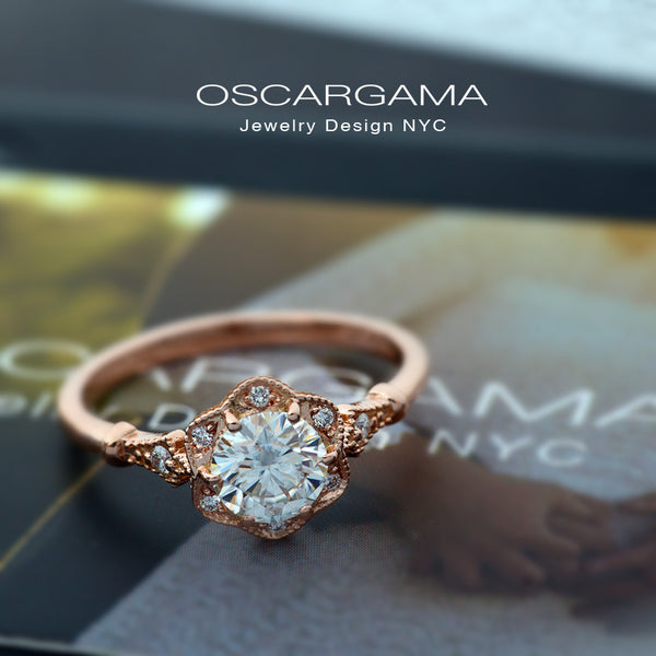 rose gold round halo flower engagement ring vintage style