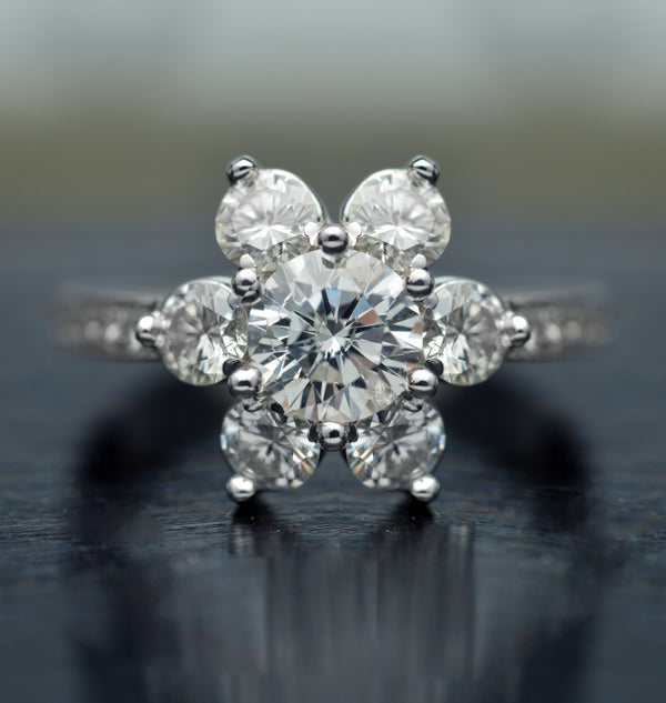 Diamond Flower Cluster Engagement ring in white gold front view