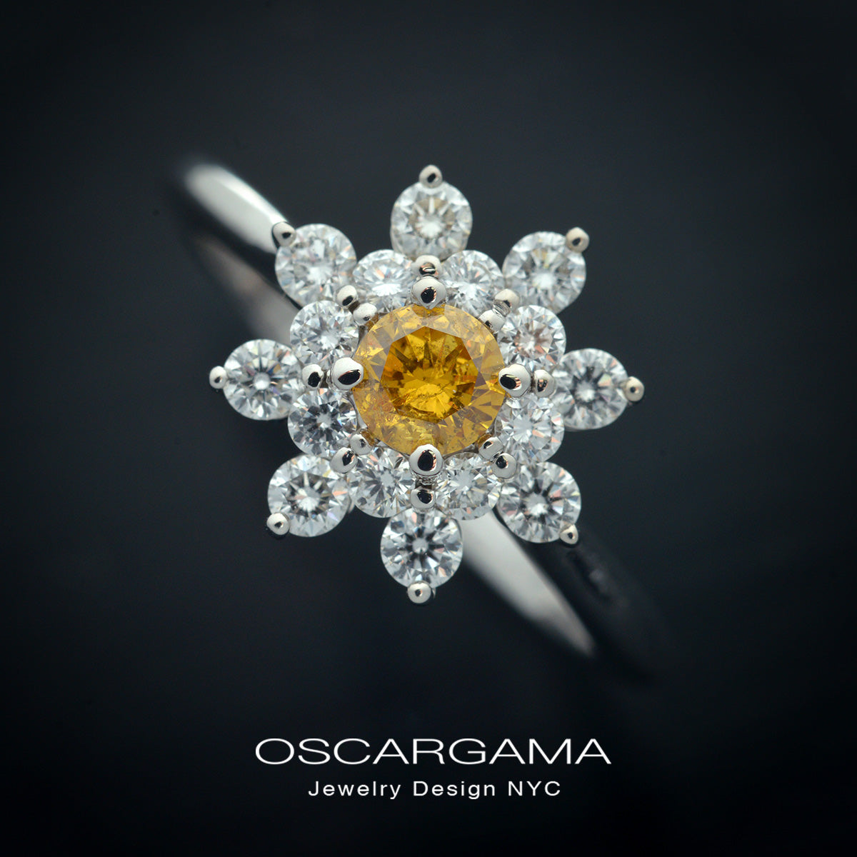 Fancy Intense Orange Yellow Cluster Ring in white gold