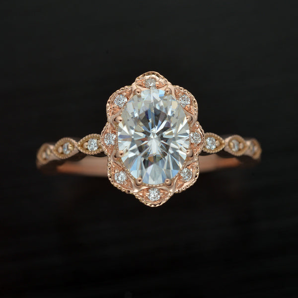 rose gold oval halo engagement ring vintage style