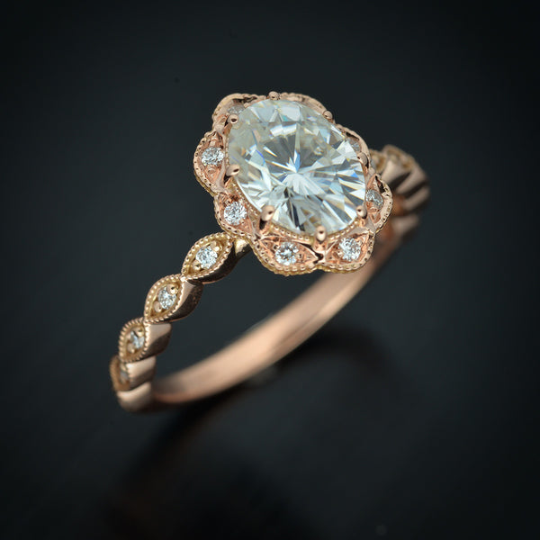 rose gold oval halo engagement ring vintage style side view