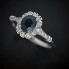 oval blue sapphire engagement ring in white gold vintage look