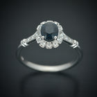 oval blue sapphire engagement ring in white gold vintage look