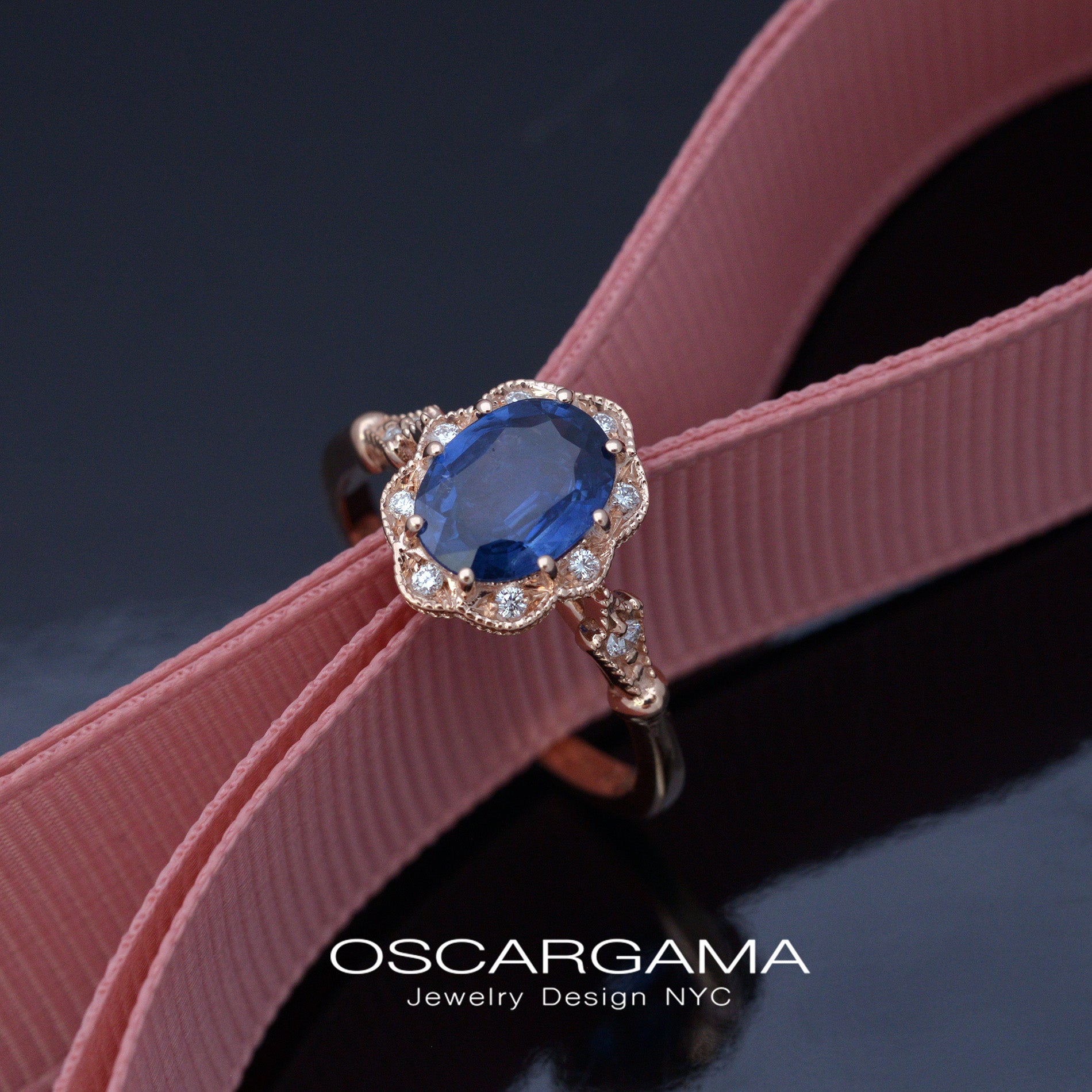 natural oval blue sapphire engagement ring vintage inspired style in Pink / Rose gold