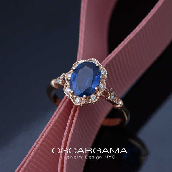 natural oval blue sapphire engagement ring vintage inspired style in Pink / Rose gold