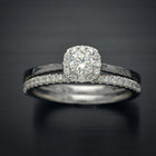 engagement ring with a cushion halo in white gold with matching band