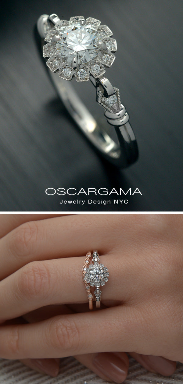 round halo vintage inspired engagement ring in white gold